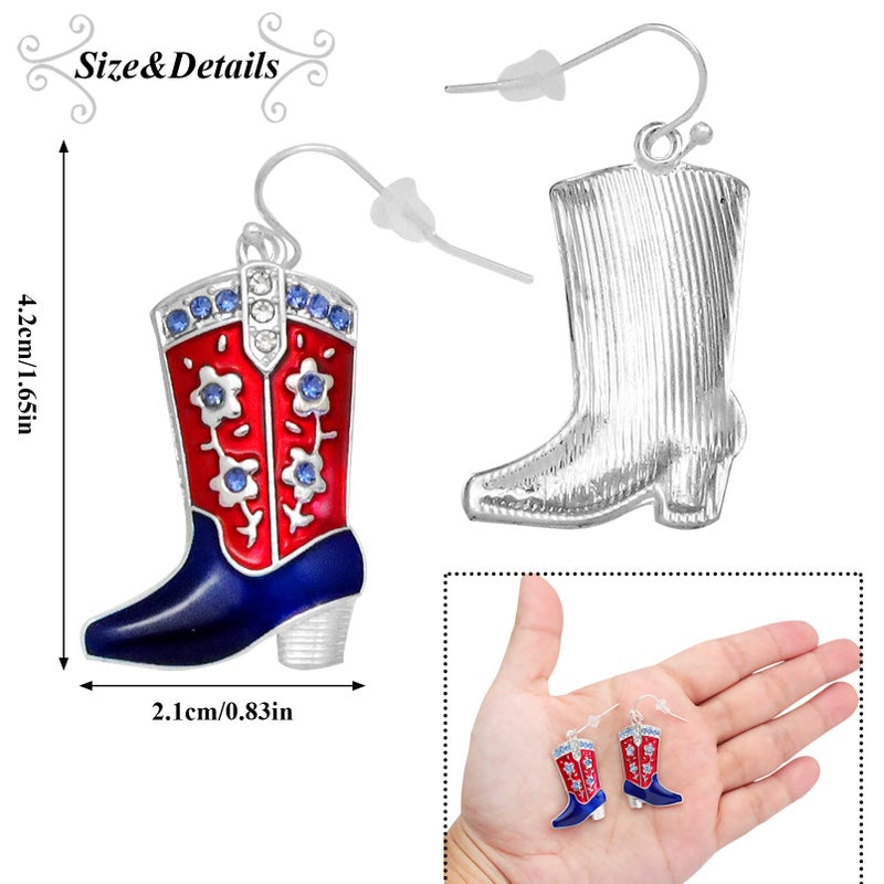 RechicGu 4th of July Earrings,Western West Cowgirl Texas Boots Spur Dangle Drop Earrings Rodeo Boho Fancy Dress Costume (Flower Silver Boots) - Image 3